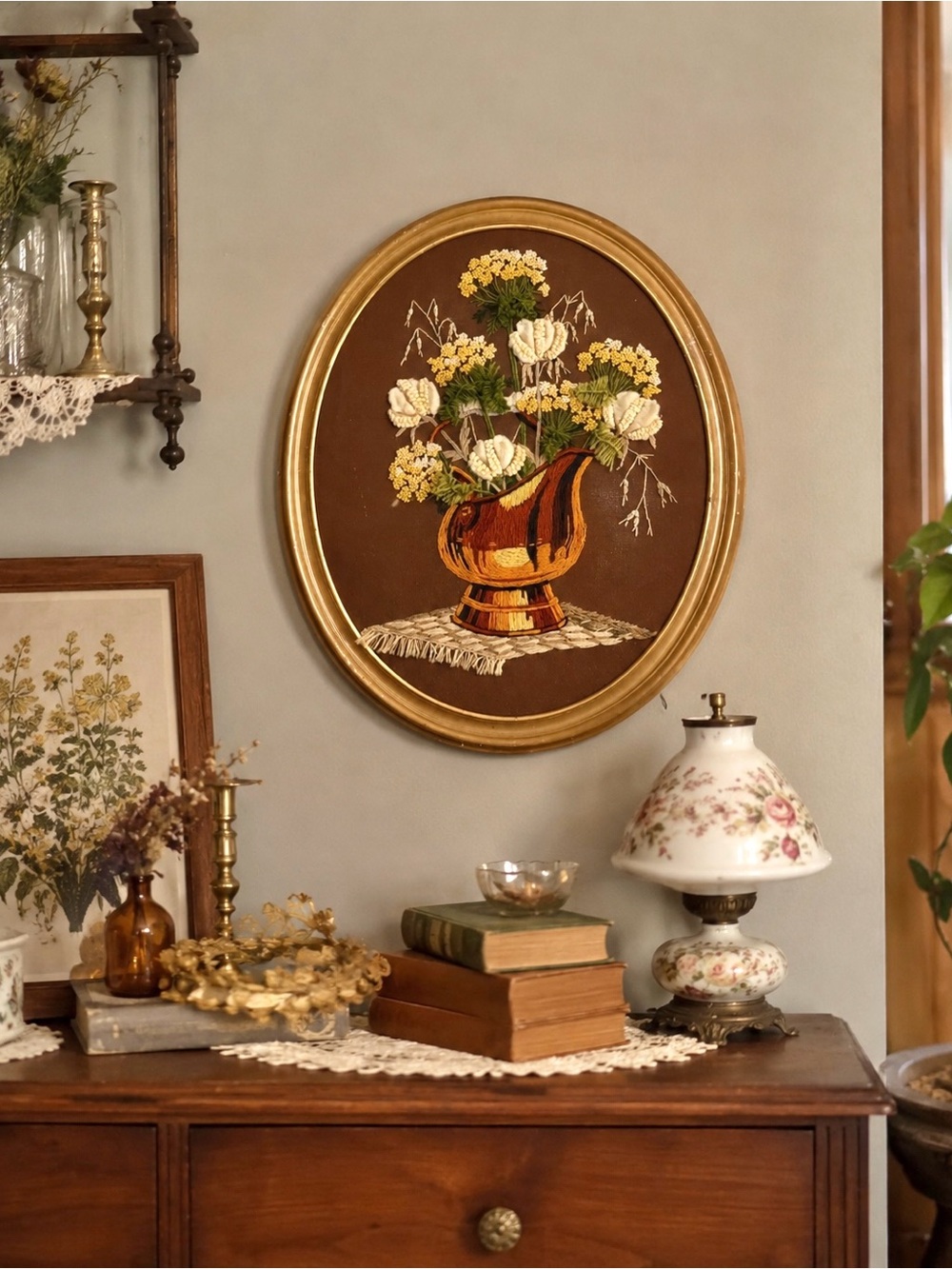 Vintage MCM Crewel Embroidery Large Framed Flowers Oval Traditional Handmade 22”